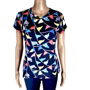 J McLaughlin Cap Sleeve Shirt Navy Blue Lyford Flag Print Size Small